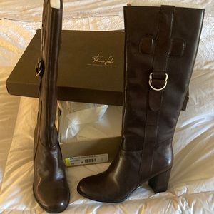 Franco Sarto Muscle Belted Tall Shaft Boot, size 10 chocolate brown leather